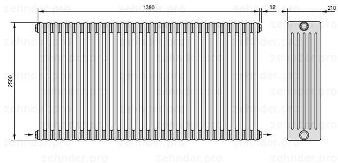 Схема (чертеж) Радиатор Zehnder Charleston 6250/30 №2670 Белый глянцевый RAL 9016